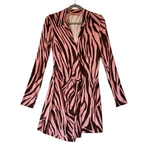 Andamane Pink Brown Leopard Print Silky Wrap Dress‎ No Belt Size 38/8 Women